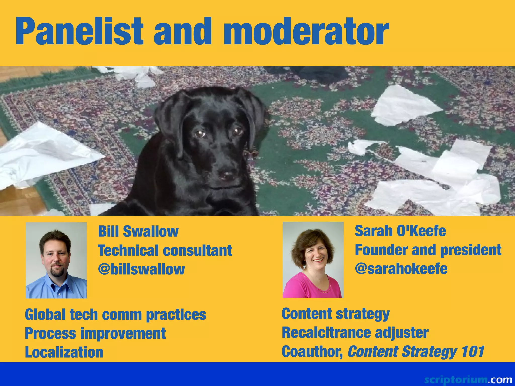 Panelist and moderator
Bill Swallow
Technical consultant
@billswallow
Global tech comm practices
Process improvement
Localization
Sarah O'Keefe
Founder and president
@sarahokeefe
Content strategy
Recalcitrance adjuster
Coauthor, Content Strategy 101
 