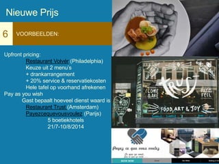6 VOORBEELDEN:
Upfront pricing:
Restaurant Volvér (Philadelphia)
Keuze uit 2 menu’s
+ drankarrangement
+ 20% service & reservatiekosten
Hele tafel op voorhand afrekenen
Pay as you wish
Gast bepaalt hoeveel dienst waard is
Restaurant Trust (Amsterdam)
Payezcequevousvoulez (Parijs)
5 boetiekhotels
21/7-10/8/2014
Nieuwe Prijs
 