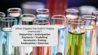 TRENDSFOR2017
Table19.co.uk • @WeAreTable19 53
What triggers the brain’s ‘happy
chemicals’?
Dopamine = Anticipation
Oxytocin = ‘Cuddling’
Serotonin = Eating
Endorphins = Exercise
 