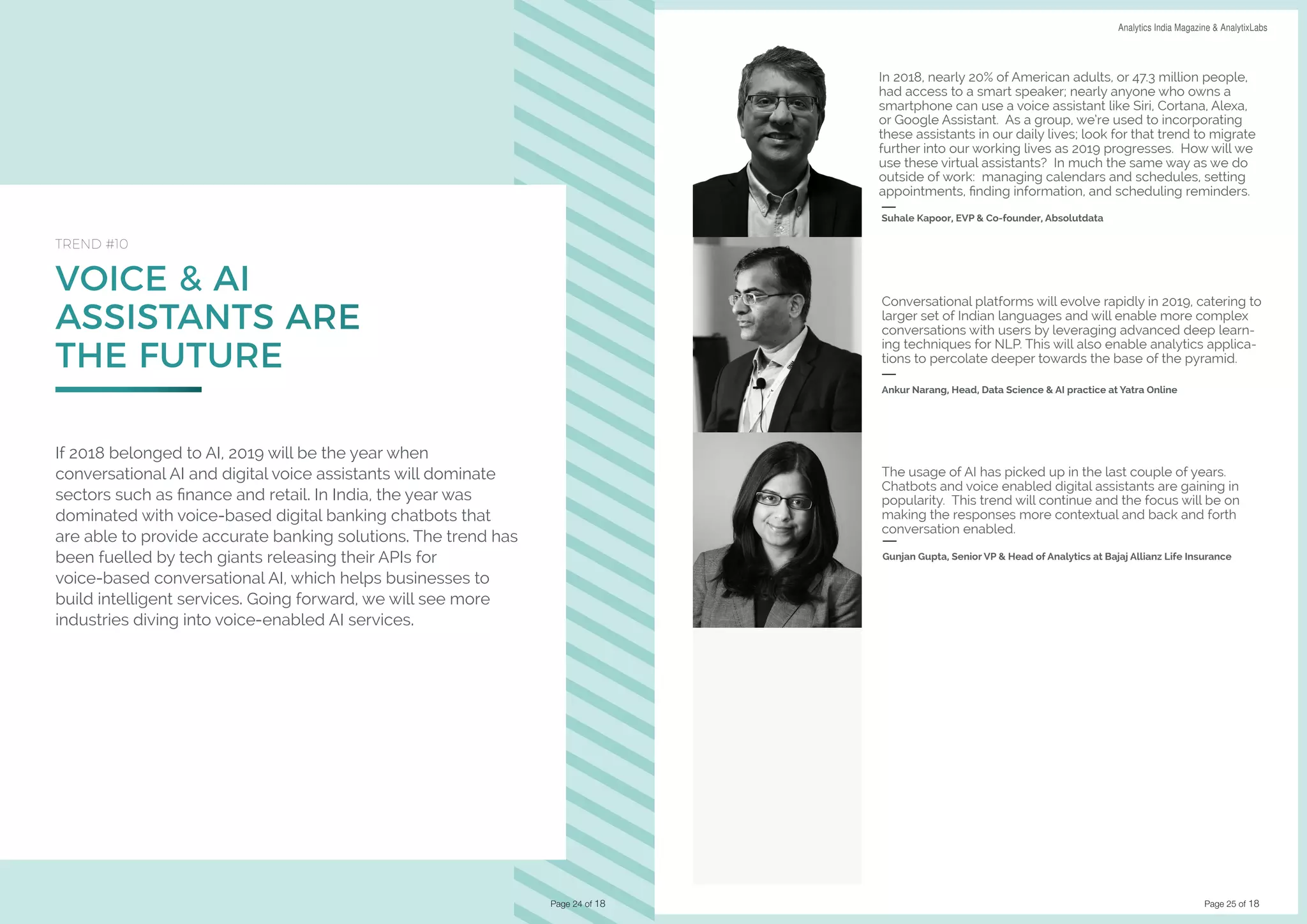 Page 25 of 18
DATA SCIENCE & AI TRENDS IN INDIA 2019 Analytics India Magazine & AnalytixLabs
VOICE & AI
ASSISTANTS ARE
THE FUTURE
TREND #10
If 2018 belonged to AI, 2019 will be the year when
conversational AI and digital voice assistants will dominate
sectors such as finance and retail. In India, the year was
dominated with voice-based digital banking chatbots that
are able to provide accurate banking solutions. The trend has
been fuelled by tech giants releasing their APIs for
voice-based conversational AI, which helps businesses to
build intelligent services. Going forward, we will see more
industries diving into voice-enabled AI services.
Page 24 of 18
In 2018, nearly 20% of American adults, or 47.3 million people,
had access to a smart speaker; nearly anyone who owns a
smartphone can use a voice assistant like Siri, Cortana, Alexa,
or Google Assistant. As a group, we’re used to incorporating
these assistants in our daily lives; look for that trend to migrate
further into our working lives as 2019 progresses. How will we
use these virtual assistants? In much the same way as we do
outside of work: managing calendars and schedules, setting
appointments, finding information, and scheduling reminders.
Suhale Kapoor, EVP & Co-founder, Absolutdata
The usage of AI has picked up in the last couple of years.
Chatbots and voice enabled digital assistants are gaining in
popularity. This trend will continue and the focus will be on
making the responses more contextual and back and forth
conversation enabled.
Gunjan Gupta, Senior VP & Head of Analytics at Bajaj Allianz Life Insurance
Conversational platforms will evolve rapidly in 2019, catering to
larger set of Indian languages and will enable more complex
conversations with users by leveraging advanced deep learn-
ing techniques for NLP. This will also enable analytics applica-
tions to percolate deeper towards the base of the pyramid.
Ankur Narang, Head, Data Science & AI practice at Yatra Online
 