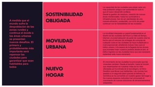 SOSTENIBILIDAD
OBLIGADA
MOVILIDAD
URBANA
NUEVO
HOGAR
La capacidad de las ciudades para alojar cada vez
más población obliga a ser sostenible en todo lo
que el nuevo desarrollo conlleva.
Desde la gestión de residuos, creación de nuevas
áreas residenciales, hasta los suministros e
infraestructuras, han de ser planteadas de una
manera eficiente y sostenible, con el fin de poder
continuar con la habitabilidad de las ciudades.
La movilidad interpreta un papel fundamental en el
diseño de las ciudades del futuro La falta de tiempo,
internet y la externalización de parte de nuestra vida ha
hecho que el volumen de entregas de compras de
cualquier cosa en las ciudades se haya multiplicado a
nivel exponencial, añadiendo incluso más caos al
tráfico urbano. A la espera de la llegada de los drones
que prometen traer nuestros pedidos desde el aire, el
tráfico logístico en las ciudades hace que sea necesario
replantear este nuevo escenario.
El crecimiento de las ciudades ha provocado que las
viviendas cambien. Desde el tamaño, hasta la función
que desempeñan en nuestras vidas se ha visto
afectadas por la entrada de la tecnología y el ritmo
frenético que llevan sus habitantes. Las cocinas han
pasado a un segundo plano gracias al delivery, la
domótica se ha convertido en nuestro gestor del hogar y
los nuevos espacios reducidos han provocado el
crecimiento de nuevas soluciones de almacenamientos
adaptadas.
A medida que el
mundo sufre la
despoblación de las
zonas rurales y
continua el éxodo a
las áreas urbanas
se presentan
nuevos desafíos. El
primero y
probablemente más
importante será
repensar las
ciudades para
garantizar que sean
habitables para
todos
 