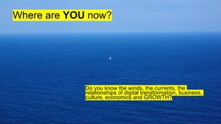 Where are YOU now?
Do you know the winds, the currents, the
relationships of digital transformation, business,
culture, ec...