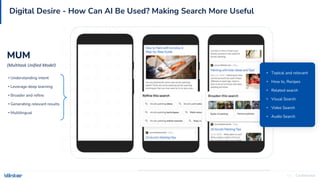 Confidential
13
Digital Desire - How Can AI Be Used? Making Search More Useful
• Understanding intent
• Leverage deep learning
• Broader and refine
• Generating relevant results
• Multilingual
(Multitask Unified Model)
MUM
• Topical and relevant
• How to, Recipes
• Related search
• Visual Search
• Video Search
• Audio Search
 