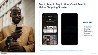 Confidential
14
https://blog.google/products/search/how-ai-making-information-more-useful/
See It, Snap It, Buy It: How Visual Search
Makes Shopping Smarter
Vision API
• Accuracy
• Quality
• Relevancy
• Entities
• Attributes
 