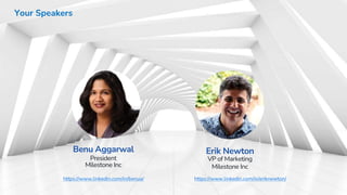 Confidential
2
Your Speakers
Erik Newton
VP of Marketing
Milestone Inc
Benu Aggarwal
President
Milestone Inc
https://www.linkedin.com/in/eriknewton/
https://www.linkedin.com/in/benua/
 