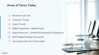 Agenda
1. Review of Last Year
2. Consumer Trends
3. Search Trends
4. Digital Experience = Digital Desire
5. Digital Discovery = Unified Omnichannel CX Experience
6. 2022 Digital Strategy Framework
7. Connecting with Your Communities
Areas of Focus Today
 