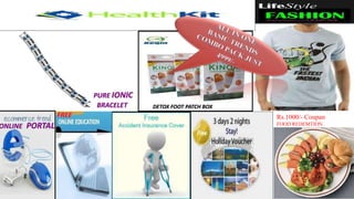 PURE IONIC 
BRACELET DETOX FOOT PATCH BOX 
Rs.1000/- Coupan 
FREE 
ONLINE PORTAL FOOD REDEMTION 
 