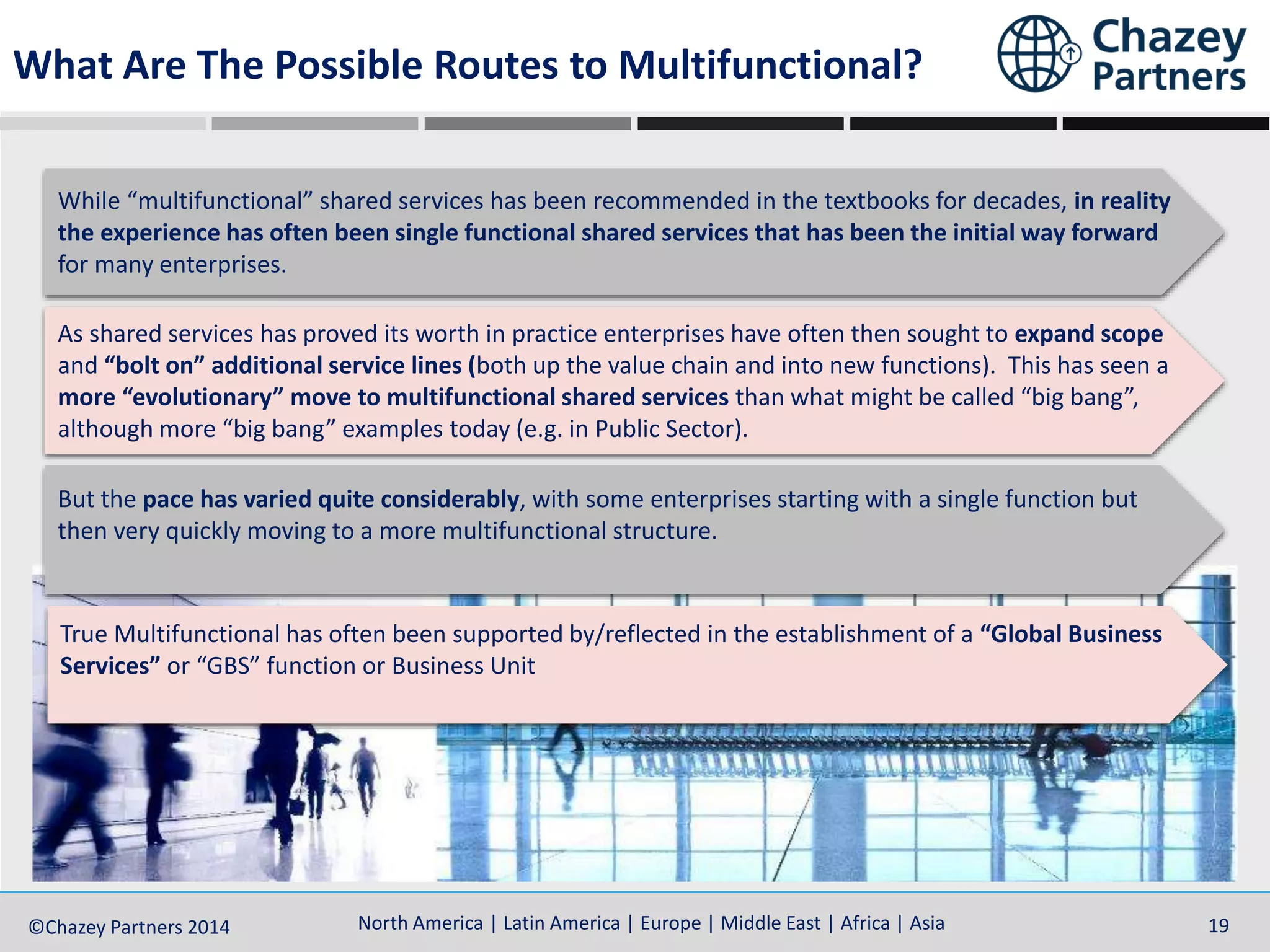 North America | Latin America | Europe | Middle East | Africa | Asia©Chazey Partners 2014 19
What Are The Possible Routes to Multifunctional?
While “multifunctional” shared services has been recommended in the textbooks for decades, in reality
the experience has often been single functional shared services that has been the initial way forward
for many enterprises.
As shared services has proved its worth in practice enterprises have often then sought to expand scope
and “bolt on” additional service lines (both up the value chain and into new functions). This has seen a
more “evolutionary” move to multifunctional shared services than what might be called “big bang”,
although more “big bang” examples today (e.g. in Public Sector).
But the pace has varied quite considerably, with some enterprises starting with a single function but
then very quickly moving to a more multifunctional structure.
True Multifunctional has often been supported by/reflected in the establishment of a “Global Business
Services” or “GBS” function or Business Unit
 