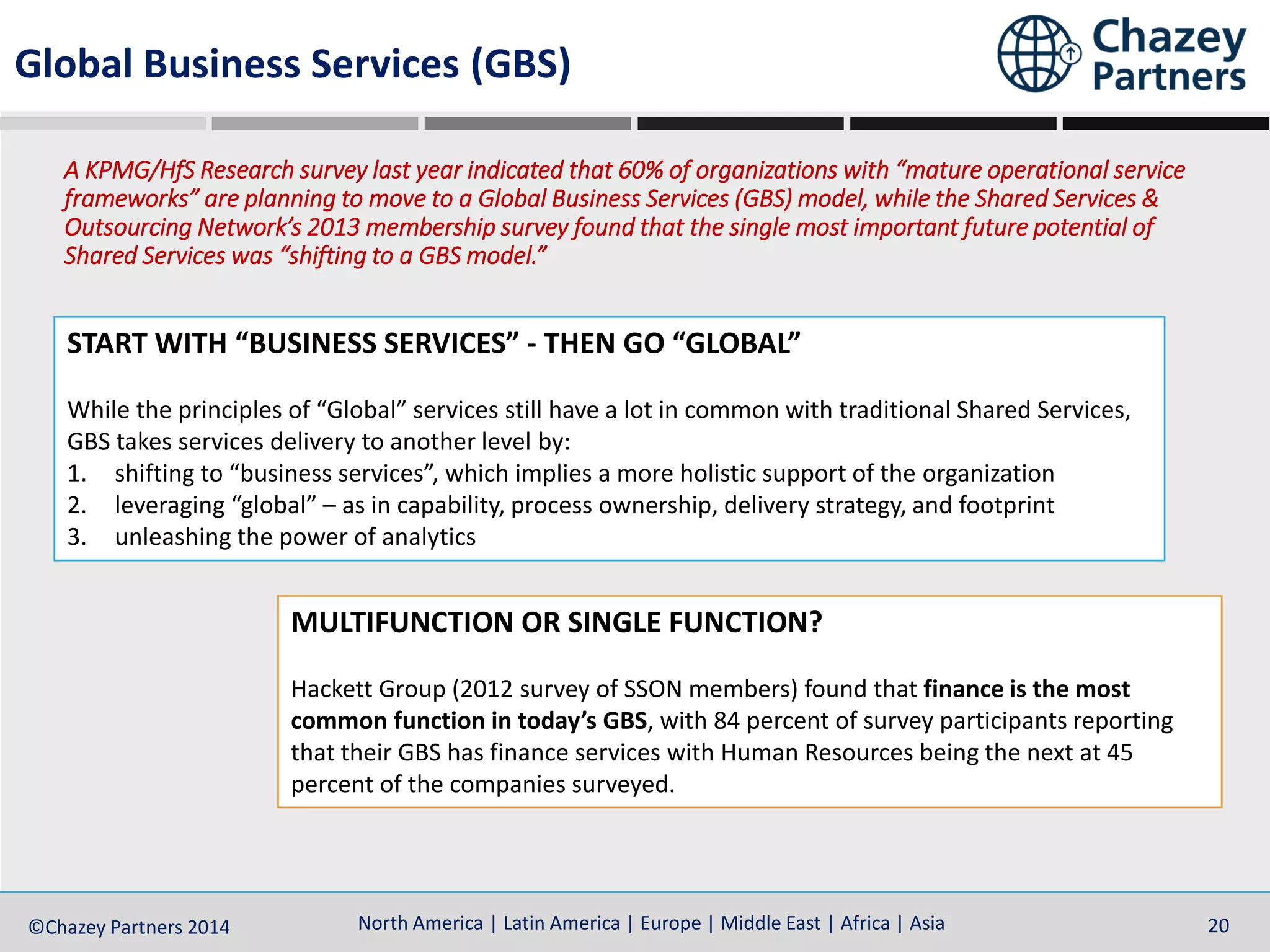North America | Latin America | Europe | Middle East | Africa | Asia©Chazey Partners 2014 20
A KPMG/HfS Research survey last year indicated that 60% of organizations with “mature operational service
frameworks” are planning to move to a Global Business Services (GBS) model, while the Shared Services &
Outsourcing Network’s 2013 membership survey found that the single most important future potential of
Shared Services was “shifting to a GBS model.”
START WITH “BUSINESS SERVICES” - THEN GO “GLOBAL”
While the principles of “Global” services still have a lot in common with traditional Shared Services,
GBS takes services delivery to another level by:
1. shifting to “business services”, which implies a more holistic support of the organization
2. leveraging “global” – as in capability, process ownership, delivery strategy, and footprint
3. unleashing the power of analytics
Global Business Services (GBS)
MULTIFUNCTION OR SINGLE FUNCTION?
Hackett Group (2012 survey of SSON members) found that finance is the most
common function in today’s GBS, with 84 percent of survey participants reporting
that their GBS has finance services with Human Resources being the next at 45
percent of the companies surveyed.
 
