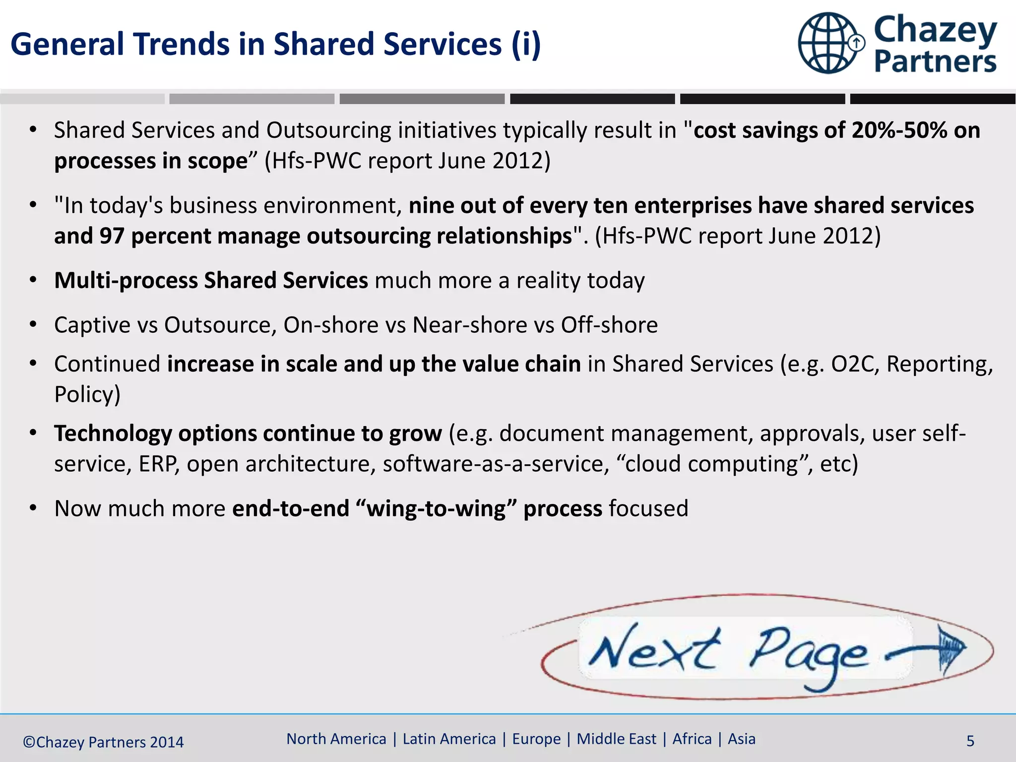 North America | Latin America | Europe | Middle East | Africa | Asia©Chazey Partners 2014 5
General Trends in Shared Services (i)
• Shared Services and Outsourcing initiatives typically result in "cost savings of 20%-50% on
processes in scope” (Hfs-PWC report June 2012)
• "In today's business environment, nine out of every ten enterprises have shared services
and 97 percent manage outsourcing relationships". (Hfs-PWC report June 2012)
• Multi-process Shared Services much more a reality today
• Captive vs Outsource, On-shore vs Near-shore vs Off-shore
• Continued increase in scale and up the value chain in Shared Services (e.g. O2C, Reporting,
Policy)
• Technology options continue to grow (e.g. document management, approvals, user self-
service, ERP, open architecture, software-as-a-service, “cloud computing”, etc)
• Now much more end-to-end “wing-to-wing” process focused
 
