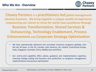 North America | Latin America | Europe | Middle East | Africa | Asia©Chazey Partners 2014 32North America | Latin America | Europe | Middle East | Africa | Asia©Chazey Partners 2013 32
Chazey Partners is a practitioners-led global management
advisory business. We bring together a unique wealth of experience,
empowering our clients to strive for world class excellence through
Business Transformation, Shared Services &
Outsourcing, Technology Enablement, Process
Enhancement and Corporate Strategy Optimization
We have operationally delivered and consulted numerous programs globally, over
the last 20 years, in the US, Canada, Latin America, UK, Ireland, Continental Europe,
India, Singapore, Australia, China, Middle East and Africa
Our end-to-end capability offers advice, guidance and implementation expertise,
covering strategy setting and business case production, to programs management,
implementation and process optimization
Who We Are · Overview
 