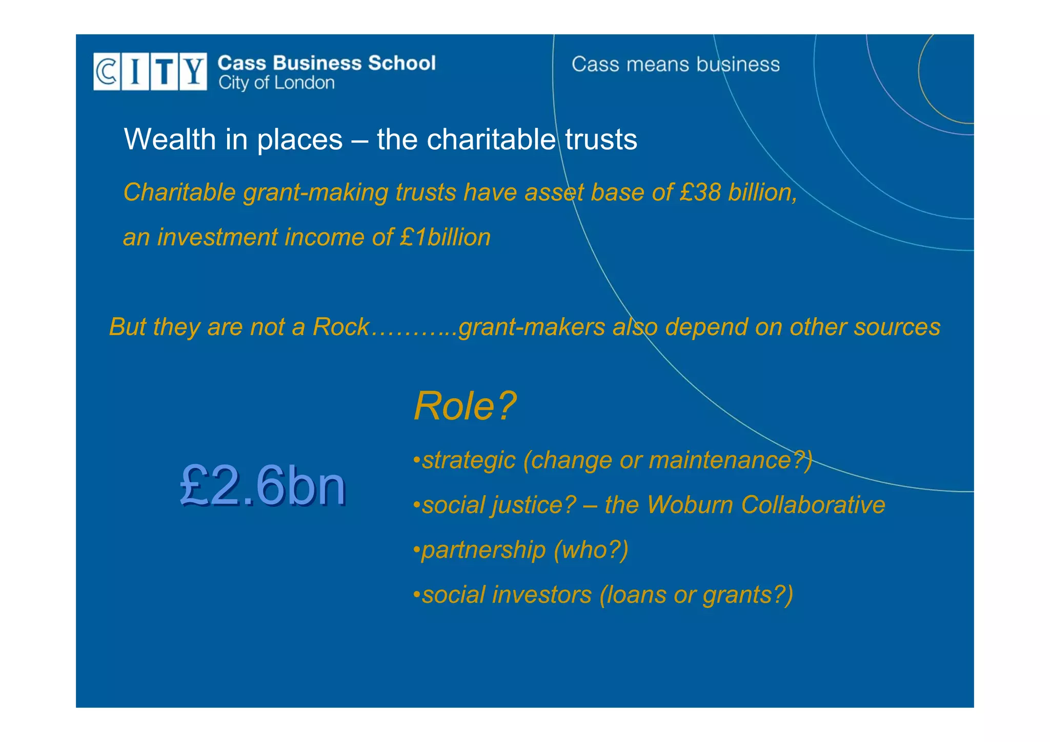 Wealth in places – the charitable trusts
 Charitable grant-making trusts have asset base of £38 billion,
 an investment income of £1billion


But they are not a Rock………..grant-makers also depend on other sources


                           Role?
                           •strategic (change or maintenance?)
      £2.6bn               •social justice? – the Woburn Collaborative
                           •partnership (who?)
                           •social investors (loans or grants?)
 