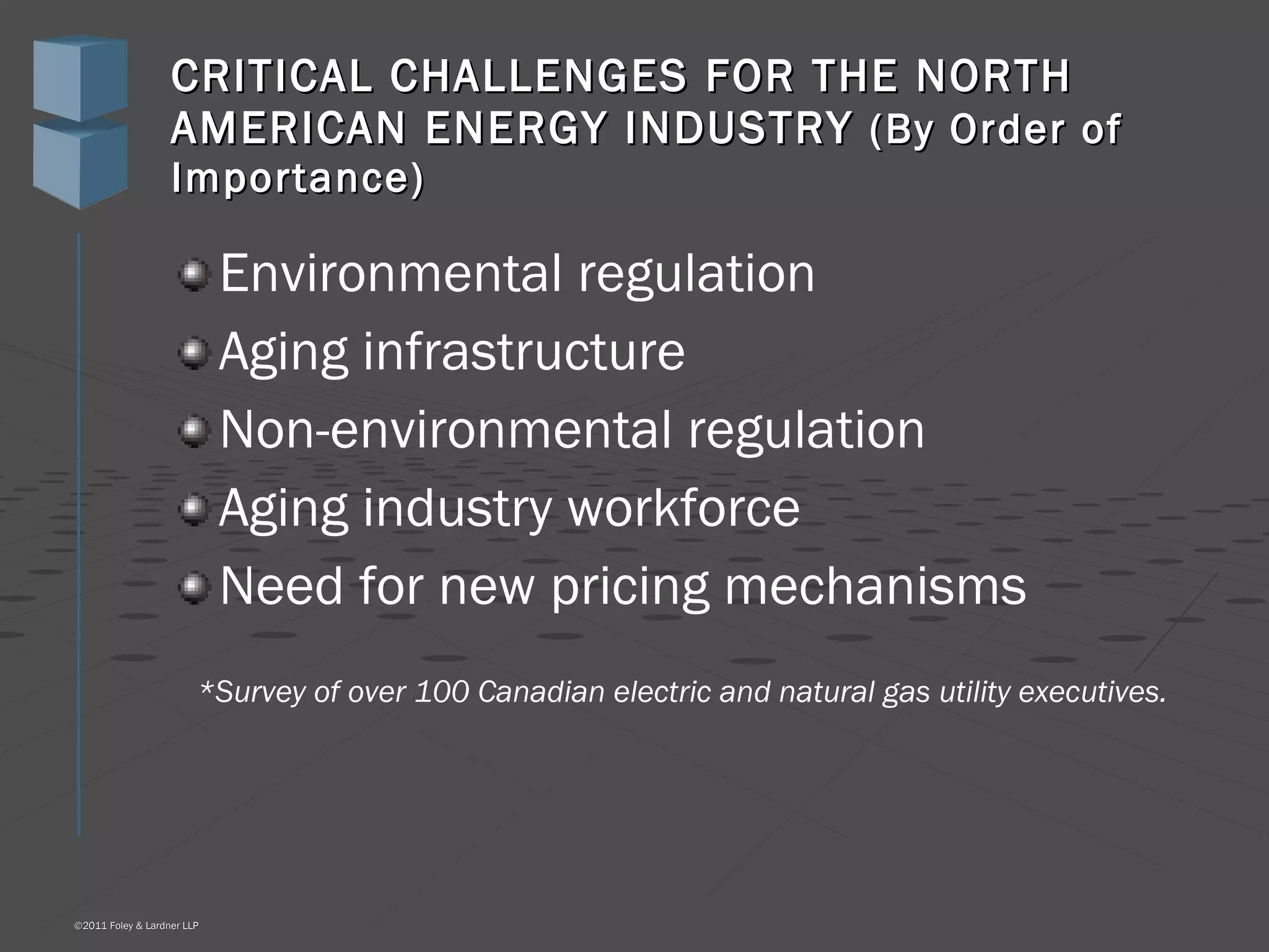 CRITICAL CHALLENGES FOR THE NORTH AMERICAN ENERGY INDUSTRY  (By Order of Importance) Environmental regulation Aging infrastructure Non-environmental regulation Aging industry workforce Need for new pricing mechanisms *Survey of over 100 Canadian electric and natural gas utility executives. 