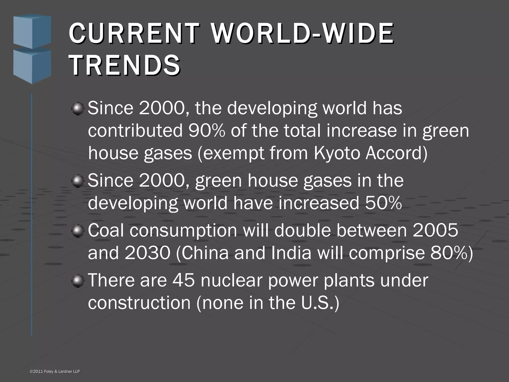 CURRENT WORLD-WIDE TRENDS  Since 2000, the developing world has contributed 90% of the total increase in green house gases (exempt from Kyoto Accord) Since 2000, green house gases in the developing world have increased 50% Coal consumption will double between 2005 and 2030 (China and India will comprise 80%) There are 45 nuclear power plants under construction (none in the U.S.) 