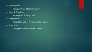  IP Integration
To support use of commercial IP
 Hard IP Transition
Better physical design tool
 IP Standards
To facilitate use of IP from multiple sources
 IP security
To support various business model
 