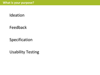What is your purpose?


    Ideation

    Feedback

    Specification

    Usability Testing
 