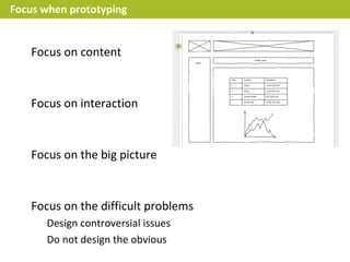 Focus when prototyping


   Focus on content


   Focus on interaction


   Focus on the big picture


   Focus on the difficult problems
      Design controversial issues
      Do not design the obvious
 