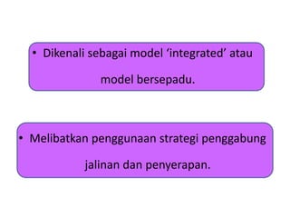 • Dikenali sebagai model ‘integrated’ atau
model bersepadu.
• Melibatkan penggunaan strategi penggabung
jalinan dan penyerapan.
 