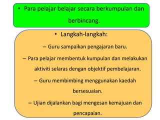 • Para pelajar belajar secara berkumpulan dan
berbincang.
• Langkah-langkah:
– Guru sampaikan pengajaran baru.
– Para pelajar membentuk kumpulan dan melakukan
aktiviti selaras dengan objektif pembelajaran.
– Guru membimbing menggunakan kaedah
bersesuaian.
– Ujian dijalankan bagi mengesan kemajuan dan
pencapaian.
 