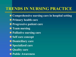 TRENDS IN NURSING PRACTICE
 Comprehensive nursing care in hospital setting
 Primary health care
 Progressive patient care
 Team nursing
 Palliative nursing care
 Self care concept
 Domiciliary care
 Specialized care
 Quality care
 Public Awareness
 