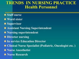 TRENDS IN NURSING PRACTICE
Health Personnel
 Staff nurse
 Ward sister
 Supervisor
 Assistant Nursing Superintendent
 Nursing superintendent
 Director nursing
 In service Education Director
 Clinical Nurse Specialist (Pediatric, Oncologist etc. )
 Nurse Anesthetist
 Nurse Research
 