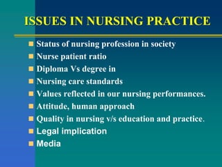 ISSUES IN NURSING PRACTICE
 Status of nursing profession in society
 Nurse patient ratio
 Diploma Vs degree in
 Nursing care standards
 Values reflected in our nursing performances.
 Attitude, human approach
 Quality in nursing v/s education and practice.
 Legal implication
 Media
 