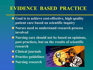 EVIDENCE BASED PRACTICE
 Goal is to achieve cost-effective, high quality
patient care based on scientific inquiry
 Nurses need to understand research process
involved
 Nursing care should not be based on opinions,
past practices, but on the results of scientific
research
 Clinical journals
 Practice guidelines
 Nursing research
 