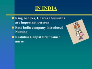  King Ashoka, Charaka,Susrutha
are important persons
 East India company introduced
Nursing
 Kashibai Ganpat first trained
nurse.
IN INDIA
 