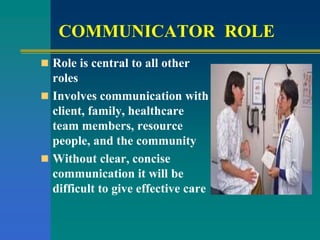 COMMUNICATOR ROLE
 Role is central to all other
roles
 Involves communication with
client, family, healthcare
team members, resource
people, and the community
 Without clear, concise
communication it will be
difficult to give effective care
 