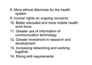 8. More ethical dilemmas for the health
    system
9. Human rights an ongoing concerns
10. Better educated and more mobile health
    work force
11. Greater use of information of
    communication technology
12. Greater investment in research and
    development
13. Increasing networking and working
    together
14. Rising skill requirements
 
