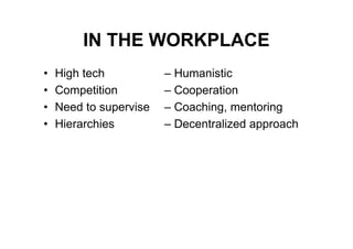 IN THE WORKPLACE
•   High tech           – Humanistic
•   Competition         – Cooperation
•   Need to supervise   – Coaching, mentoring
•   Hierarchies         – Decentralized approach
 