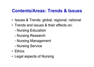 Contents/Areas: Trends & Issues
• Issues & Trends: global, regional, national
• Trends and issues & their effects on:
  - Nursing Education
  - Nursing Research
  - Nursing Management
  - Nursing Service
• Ethics
• Legal aspects of Nursing
 