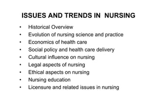 ISSUES AND TRENDS IN NURSING
•    Historical Overview
•    Evolution of nursing science and practice
•    Economics of health care
•    Social policy and health care delivery
•    Cultural influence on nursing
•    Legal aspects of nursing
•    Ethical aspects on nursing
•    Nursing education
•    Licensure and related issues in nursing
 