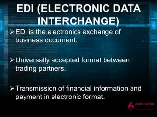 EDI (ELECTRONIC DATA
INTERCHANGE)
EDI is the electronics exchange of
business document.
Universally accepted format between
trading partners.
Transmission of financial information and
payment in electronic format.

 