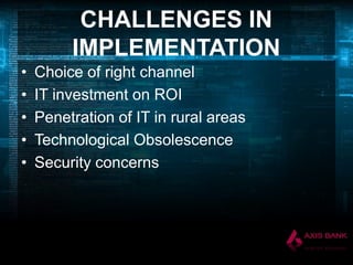 CHALLENGES IN
IMPLEMENTATION
•
•
•
•
•

Choice of right channel
IT investment on ROI
Penetration of IT in rural areas
Technological Obsolescence
Security concerns

 