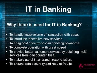 IT in Banking
Why there is need for IT in Banking?
•
•
•
•
•

To handle huge volume of transaction with ease.
To introduce innovative new services
To bring cost effectiveness in handling payments
To complete operation with great speed
To provide better customer services by obtaining multi
services from one counter itself.
• To make ease of inter-branch reconciliation.
• To ensure data accuracy and reduce frauds.

 