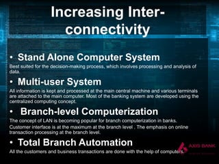 Increasing Interconnectivity
• Stand Alone Computer System
Best suited for the decision-making process, which involves processing and analysis of
data.

• Multi-user System
All information is kept and processed at the main central machine and various terminals
are attached to the main computer. Most of the banking system are developed using the
centralized computing concept.

• Branch-level Computerization
The concept of LAN is becoming popular for branch computerization in banks.
Customer interface is at the maximum at the branch level . The emphasis on online
transaction processing at the branch level.

• Total Branch Automation
All the customers and business transactions are done with the help of computers.

 