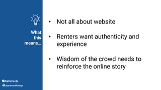 What
this
means…
• Not all about website
• Renters want authenticity and
experience
• Wisdom of the crowd needs to
reinfor...