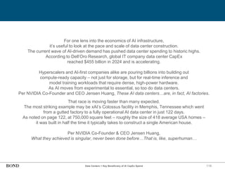 118
Data Centers = Key Beneficiary of AI CapEx Spend
For one lens into the economics of AI infrastructure,
it’s useful to look at the pace and scale of data center construction.
The current wave of AI-driven demand has pushed data center spending to historic highs.
According to Dell’Oro Research, global IT company data center CapEx
reached $455 billion in 2024 and is accelerating.
Hyperscalers and AI-first companies alike are pouring billions into building out
compute-ready capacity – not just for storage, but for real-time inference and
model training workloads that require dense, high-power hardware.
As AI moves from experimental to essential, so too do data centers.
Per NVIDIA Co-Founder and CEO Jensen Huang, These AI data centers…are, in fact, AI factories.
That race is moving faster than many expected.
The most striking example may be xAI’s Colossus facility in Memphis, Tennessee which went
from a gutted factory to a fully operational AI data center in just 122 days.
As noted on page 122, at 750,000 square feet – roughly the size of 418 average USA homes –
it was built in half the time it typically takes to construct a single American house.
Per NVIDIA Co-Founder & CEO Jensen Huang,
What they achieved is singular, never been done before…That is, like, superhuman…
 