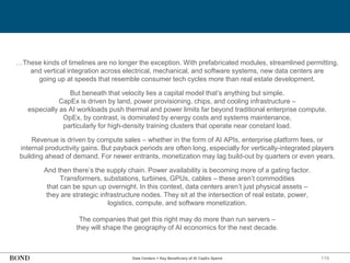 119
Data Centers = Key Beneficiary of AI CapEx Spend
…These kinds of timelines are no longer the exception. With prefabricated modules, streamlined permitting,
and vertical integration across electrical, mechanical, and software systems, new data centers are
going up at speeds that resemble consumer tech cycles more than real estate development.
But beneath that velocity lies a capital model that’s anything but simple.
CapEx is driven by land, power provisioning, chips, and cooling infrastructure –
especially as AI workloads push thermal and power limits far beyond traditional enterprise compute.
OpEx, by contrast, is dominated by energy costs and systems maintenance,
particularly for high-density training clusters that operate near constant load.
Revenue is driven by compute sales – whether in the form of AI APIs, enterprise platform fees, or
internal productivity gains. But payback periods are often long, especially for vertically-integrated players
building ahead of demand. For newer entrants, monetization may lag build-out by quarters or even years.
And then there’s the supply chain. Power availability is becoming more of a gating factor.
Transformers, substations, turbines, GPUs, cables – these aren’t commodities
that can be spun up overnight. In this context, data centers aren’t just physical assets –
they are strategic infrastructure nodes. They sit at the intersection of real estate, power,
logistics, compute, and software monetization.
The companies that get this right may do more than run servers –
they will shape the geography of AI economics for the next decade.
 