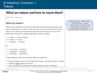 135
AI Inference ‘Currency’ =
Tokens
*Assumes that the average ChatGPT interaction consumes 200 total tokens (input + output), or 150 words. Thus, 1MM tokens equates to roughly 5,000 ChatGPT responses.
Source: OpenAI (1/25)
Additional context: 1MM tokens =
~750,000 words…roughly
• 3,500 pages of a standard book
(12-point font, double-spaced)
• 5,000 ChatGPT responses*
AI Model Compute Costs High / Rising + Inference Costs Per Token Falling =
Performance Converging + Developer Usage Rising
 