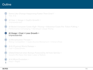 • Seem Like Change Happening Faster Than Ever?
Yes, It Is
• AI User + Usage + CapEx Growth =
Unprecedented
• AI Model Compute Costs High / Rising + Inference Costs Per Token Falling =
Performance Converging + Developer Usage Rising
• AI Usage + Cost + Loss Growth =
Unprecedented
• AI Monetization Threats =
Rising Competition + Open-Source Momentum + China’s Rise
• AI & Physical World Ramps =
Fast + Data-Driven
• Global Internet User Ramps Powered by AI from Get-Go =
Growth We Have Not Seen Likes of Before
• AI & Work Evolution =
Real + Rapid
153
1
2
3
4
5
6
7
8
Outline
 