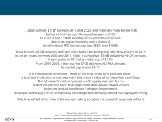 181
So…We Have…High Revenue Growth + High Cash Burn + High Valuations + High Investment Levels =
Good News for Consumers…Others TBD…
…Uber burned -$17B* between 2016 and 2022 (and materially more before that)
before its first free cash flow-positive year in 2023.
In 2022, it had 131MM monthly active platform consumers.
Uber’s last equity financing was a Series G.
Its fully-diluted IPO market cap was $82B, now $189B.
Tesla burned -$9.2B between 2009 and 2018 before becoming free cash flow positive in 2019.
In the ten years between 2009 and 2018, it lost a cumulative -$5.6B delivering ~540K vehicles.
It went public in 2010 at a market cap of $1.6B.
From 2019-2024, it then earned $40B delivering 6.7MM vehicles.
Its market cap is now $1.1T.
It is important to remember – most of the time, when all is said and done –
a business’s valuation should represent the present value of its future free cash flows.
The aforementioned companies – with aggressive cash burn –
tested this premise hard, built large-scale data-driven network effects
based on product excellence / constant improvement,
developed technology-driven competitive advantage and ultimately proved the naysayers wrong.
Only time will tell which side of the money-making equation the current AI aspirants will land.
*Measured as unlevered free cash flow.
Note: Present market capitalization figures are shown as of 5/14/25.
 