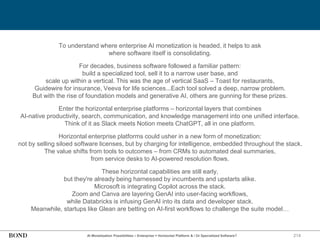 214
To understand where enterprise AI monetization is headed, it helps to ask
where software itself is consolidating.
For decades, business software followed a familiar pattern:
build a specialized tool, sell it to a narrow user base, and
scale up within a vertical. This was the age of vertical SaaS – Toast for restaurants,
Guidewire for insurance, Veeva for life sciences...Each tool solved a deep, narrow problem.
But with the rise of foundation models and generative AI, others are gunning for these prizes.
Enter the horizontal enterprise platforms – horizontal layers that combines
AI-native productivity, search, communication, and knowledge management into one unified interface.
Think of it as Slack meets Notion meets ChatGPT, all in one platform.
Horizontal enterprise platforms could usher in a new form of monetization:
not by selling siloed software licenses, but by charging for intelligence, embedded throughout the stack.
The value shifts from tools to outcomes – from CRMs to automated deal summaries,
from service desks to AI-powered resolution flows.
These horizontal capabilities are still early,
but they're already being harnessed by incumbents and upstarts alike.
Microsoft is integrating Copilot across the stack.
Zoom and Canva are layering GenAI into user-facing workflows,
while Databricks is infusing GenAI into its data and developer stack.
Meanwhile, startups like Glean are betting on AI-first workflows to challenge the suite model…
AI Monetization Possibilities – Enterprise = Horizontal Platform & / Or Specialized Software?
 