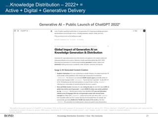 25
…Knowledge Distribution – 2022+ =
Active + Digital + Generative Delivery
*We define the public launch of ChatGPT in November 2022 as the public release of Generative AI which we see as AI’s ‘iPhone Moment.’ ChatGPT saw the fastest user ramp ever for
a standalone product (5 days to secure 1MM users). Generative AI = AI that can create content – text, images, audio, or code – based on learned patterns.
Source: OpenAI
Generative AI – Public Launch of ChatGPT 2022*
Knowledge Distribution Evolution = Over ~Six Centuries
 