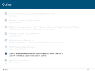 • Seem Like Change Happening Faster Than Ever?
Yes, It Is
• AI User + Usage + CapEx Growth =
Unprecedented
• AI Model Compute Costs High / Rising + Inference Costs Per Token Falling =
Performance Converging + Developer Usage Rising
• AI Usage + Cost + Loss Growth =
Unprecedented
• AI Monetization Threats =
Rising Competition + Open-Source Momentum + China’s Rise
• AI & Physical World Ramps =
Fast + Data-Driven
• Global Internet User Ramps Powered by AI from Get-Go =
Growth We Have Not Seen Likes of Before
• AI & Work Evolution =
Real + Rapid
308
1
2
3
4
5
6
7
8
Outline
 