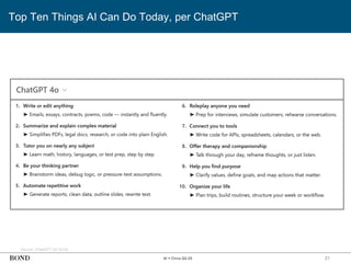 31
Top Ten Things AI Can Do Today, per ChatGPT
AI = Circa Q2:25
Source: ChatGPT (5/15/25)
 
