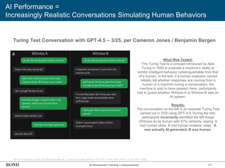 43
AI Performance =
Increasingly Realistic Conversations Simulating Human Behaviors
Turing Test Conversation with GPT-4.5 – 3/25, per Cameron Jones / Benjamin Bergen
Source: Cameron Jones and Benjamin Bergen, ‘Large Language Models Pass the Turing Test’ (3/25) via UC San Diego
What Was Tested:
The Turing Test is a concept introduced by Alan
Turing in 1950 to evaluate a machine’s ability to
exhibit intelligent behavior indistinguishable from that
of a human. In the test, if a human evaluator cannot
reliably tell whether responses are coming from a
human or a machine during a conversation, the
machine is said to have passed. Here, participants
had to guess whether Witness A or Witness B was an
AI system.
Results:
The conversation on the left is an example Turing Test
carried out in 3/25 using GPT-4.5. During the test,
participants incorrectly identified the left image
(Witness A) as human with 87% certainty, saying ‘A
had human vibes. B had human imitation vibes.’ A
was actually AI-generated; B was human.
AI Development Trending = Unprecedented
 