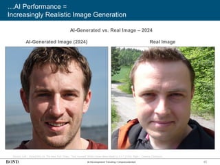 45
…AI Performance =
Increasingly Realistic Image Generation
AI-Generated Image (2024)
Source: Left – StyleGAN2 via ‘The New York Times,’ ‘Test Yourself: Which Faces Were Made by A.I.?’ (1/24); Right – Creative Commons
Real Image
AI-Generated vs. Real Image – 2024
AI Development Trending = Unprecedented
 