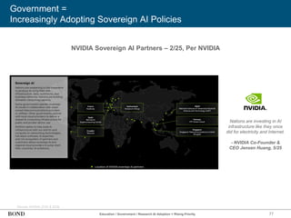 77
Source: NVIDIA (2/25 & 5/25)
Government =
Increasingly Adopting Sovereign AI Policies
Education / Government / Research AI Adoption = Rising Priority
NVIDIA Sovereign AI Partners – 2/25, Per NVIDIA
Nations are investing in AI
infrastructure like they once
did for electricity and Internet.
- NVIDIA Co-Founder &
CEO Jensen Huang, 5/25
 